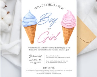 Ice Cream Gender Reveal Invitation: Pink & Blue, Editable (DIY Printable)