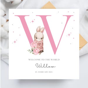 Carte personnalisée pour nouveau-né, carte lapin pour faire-part nouveau-né fille, initiale du nom W, modèle modifiable sur toile, impression personnalisée