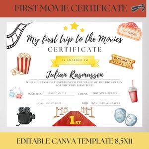 May include: A certificate for a first movie experience, featuring a popcorn bucket, film reel, and cinema ticket illustrations. The certificate reads "My first trip to the Movies" and includes the text "Julian Rasmussen".