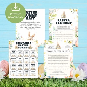Paquete de conejito de Pascua, carta, cebo para conejito, letrero de búsqueda de huevos, fichas de huevos de Pascua, descarga instantánea, desde el escritorio de, tradición para niños