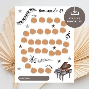 Könnte beinhalten: Ein druckbares Diagramm mit einem musikalischen Thema zum Verfolgen des Fortschritts. Es zeigt eine Klaviertastatur, Noten und einen Flügel. Das Diagramm hat 30 Kreise, die Sie beim Erledigen von Aufgaben ausmalen können. Der Text "You can do it!" und "You did it!" ist enthalten.