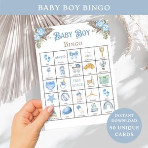Bingo bébé garçon, jeu de baby shower, 50 cartes de bingo florales bleues, images aquarelles c'est un garçon, fête de révélation du sexe, téléchargement numérique, brise-glace