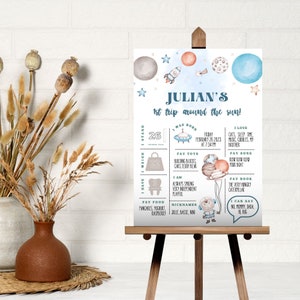 May include: A blue and white printable poster with a space theme. The poster features a rocket, planets, and stars. It includes information about a child named Julian, including their age, height, weight, favourite foods, toys, and books. The poster also includes a quote from Julian, "I can say no, mummy, dada, hug."