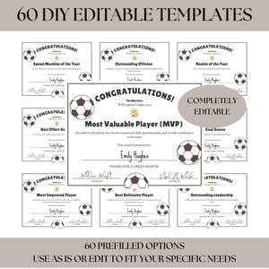 Bearbeitbare Fußballpreis-Urkunden, Siegerfeier-Urkunden, Saisonende-Kinderpreise, Fußball-Team-Party-Printables, Canva-Vorlage