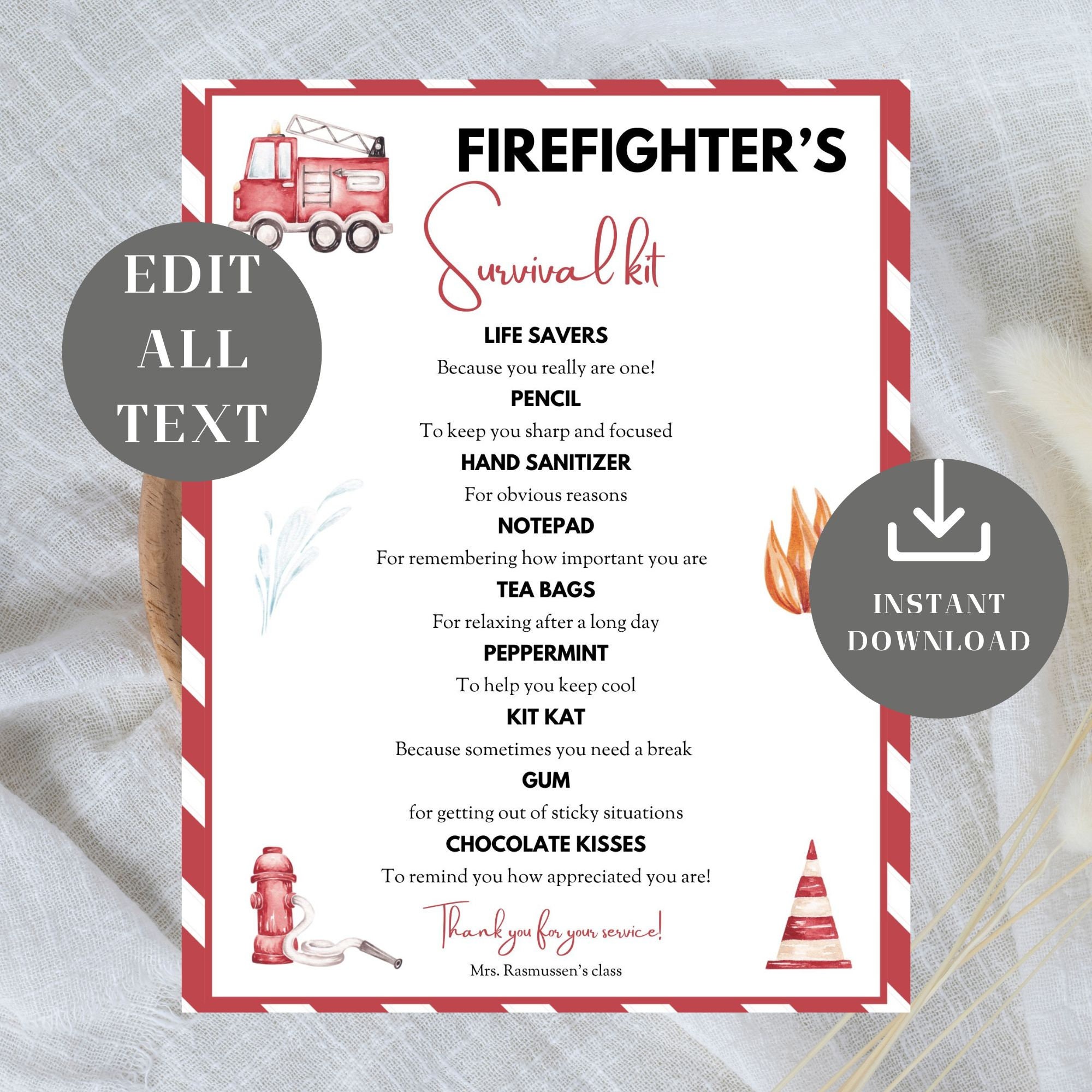 EDITABLE Firefighter's Survival Kit Tag, Fireman Gift Idea, Care ...