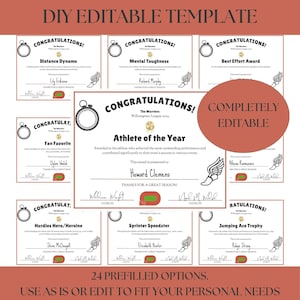May include: A printable template for creating sports award certificates. The template features a stopwatch, a running track, and the text "Congratulations!" and "Completely Editable".