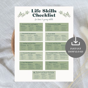 May include: A printable checklist with green leaves and a white background. The checklist is titled "Life Skills Checklist for Teens & Young Adults". The checklist includes categories such as Personal Care and Hygiene, Communication Skills, Household Management, Social Skills, Cooking and Nutrition, Career and Education, Financial Management, Transportation and Safety, Time Management, Digital Literacy, and Physical and Mental Well-being.