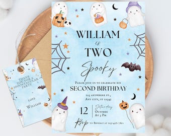 Halloween Second Birthday Invitation Boy, Spooky Ghosts, Blue Watercolor (Digital Download)