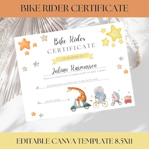 Fahrradfahrer-Zertifikat für Kinder, Kleinkindpreis, gelernt, Fahrrad zu fahren, BEARBEITBAR, Leistung, Andenken, Meilenstein druckbar, Mädchen Junge