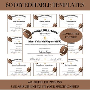 Editable Football Award Certificates, Award Ceremony Certificates, End of Season Football Awards, Team Party Printables, Canva Template