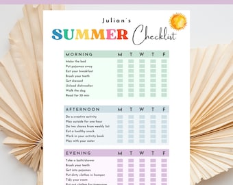 Druckbare bearbeitbare SOMMER tägliche Checkliste für Kinder, Haushaltsplan, Sommerregeln, Planungsrunden, sofortiger Download, Canva-Vorlage