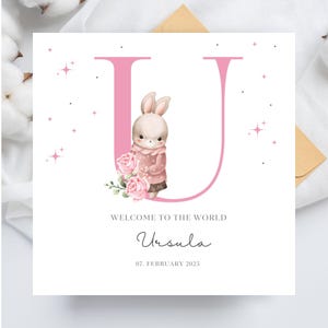 Personalisierte neue Babykarte, Kaninchen-Häschenkarte für Neugeborenen-Babyankündigung, Name Initial U-Note, bearbeitbare Vorlage Canva, benutzerdefinierter Druck