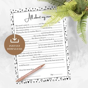 Carta de Dia das Mães de Criança, Arte Caseira para Crianças, Cartão Personalizado, Entrevista, Cartão de Aniversário da Mãe, Presente DIY para Imprimir, Preto e Branco