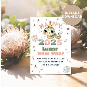 Neujahrskarte Schlange, Neujahrskarte, chinesisches druckbares Tag 2025, Partybevorzugung Sternzeichen, asiatische Tradition, Feiertagsgruß