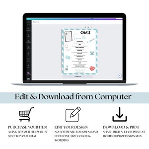 May include: A digital download of a printable "CNA's Survival Kit" sign with a blue and white color scheme. The sign lists items such as lip balm, pens, hand sanitizer, tea bags, and chocolate kisses.
