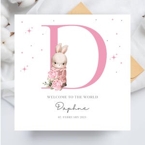 Personalisierte neue Babykarte, Kaninchen-Häschenkarte für Neugeborenen-Babyankündigung, Name Initial D Note, bearbeitbare Vorlage Canva, Custom Print