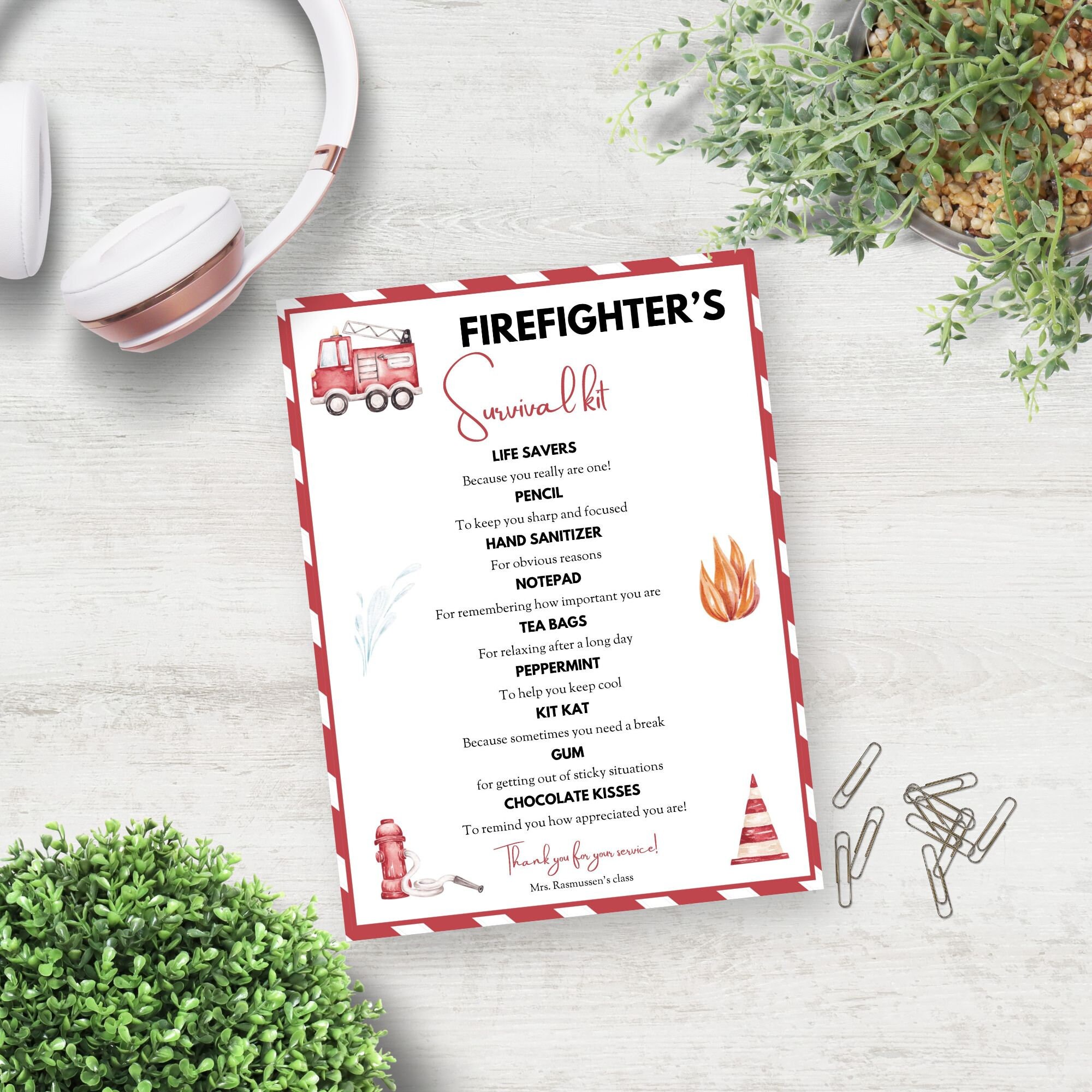 EDITABLE Firefighter's Survival Kit Tag, Fireman Gift Idea, Care ...