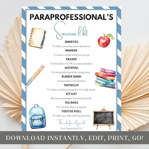 Paraprofessional&#39;s Survival Kit Tag, Back to School Parapro Gift Idea, Teacher&#39;s Aide Appreciation, Printable Thank You, Editable, First Day