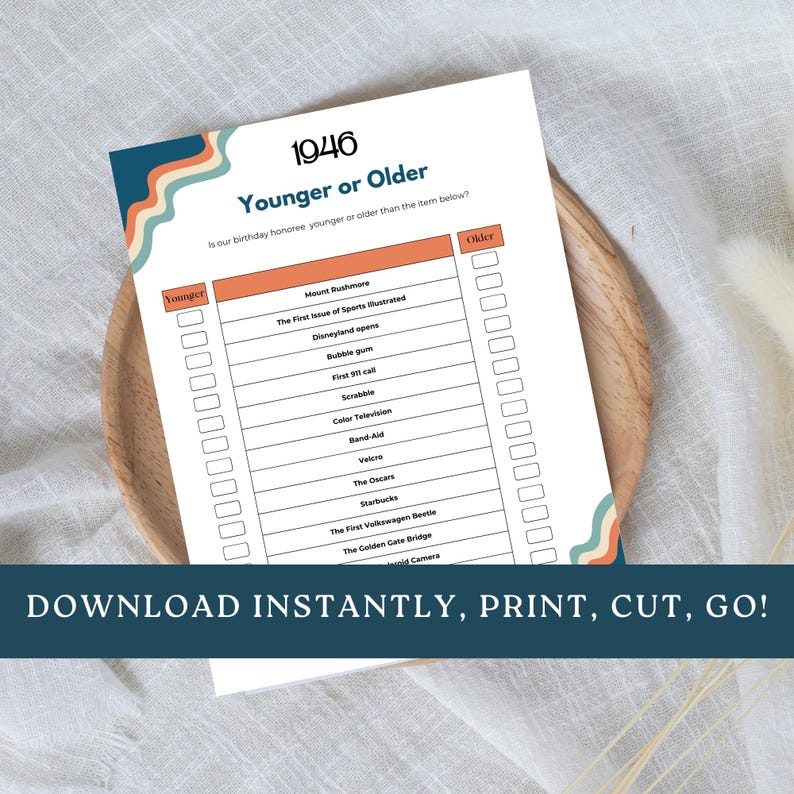 May include: A white paper game sheet titled 1946 Younger or Older with a list of historical items and checkboxes for Younger or Older. The design features retro-style wavy lines in teal, orange, and cream colours. The text reads DOWNLOAD INSTANTLY, PRINT, CUT, GO!