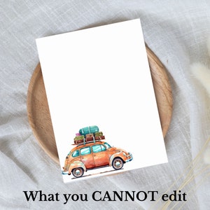 May include: A vintage orange car with luggage on the roof, including a green sleeping bag. The car is on a white background.