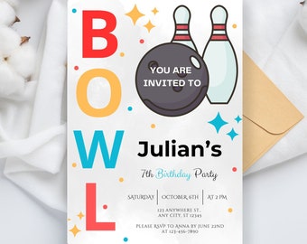 Bowling Birthday Party Invitation: Editable Kids Invite (Digital Download)