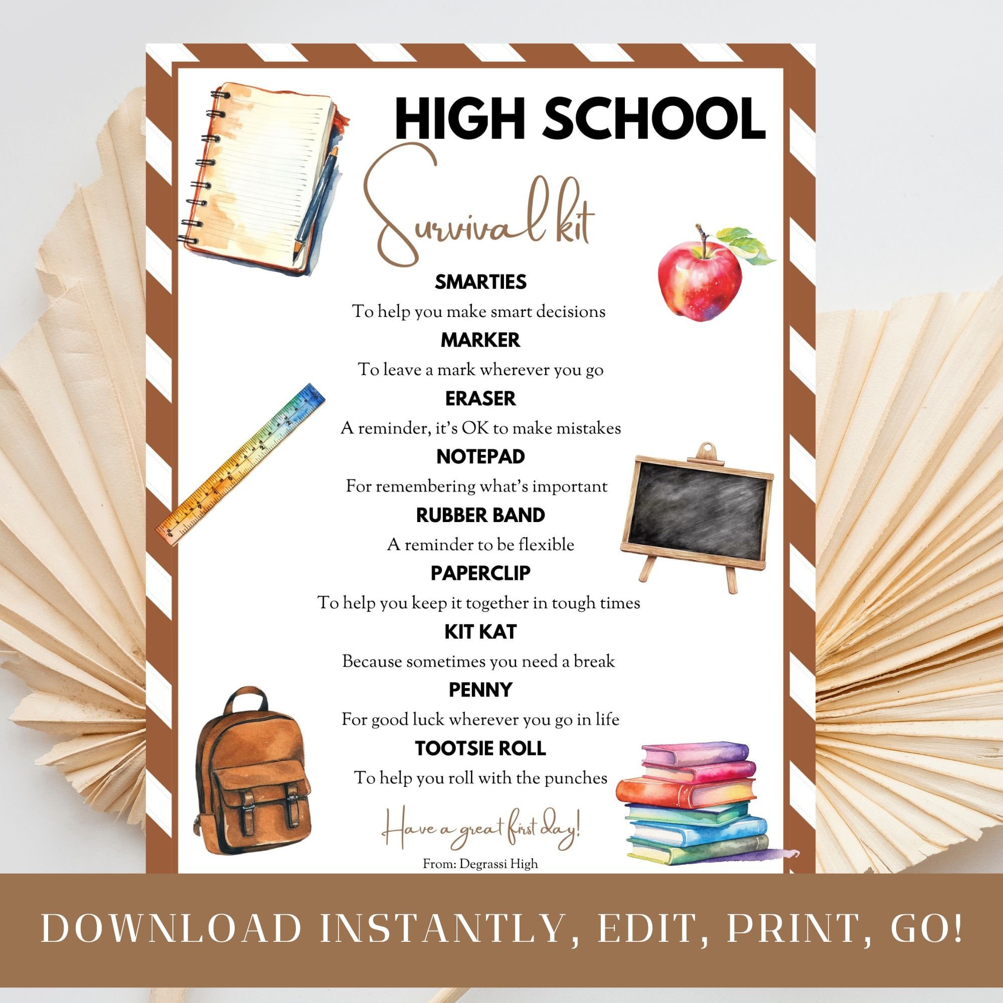 Survival Kit for High School, Printable, Back to School, Teacher Gift, Back to School PTA, Thank You Gift Idea, Editable, Good Luck Student