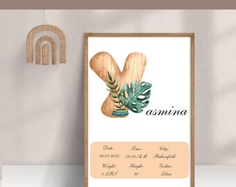 Personalized Letter Y Nursery Poster: Birth Stats Print (PDF)