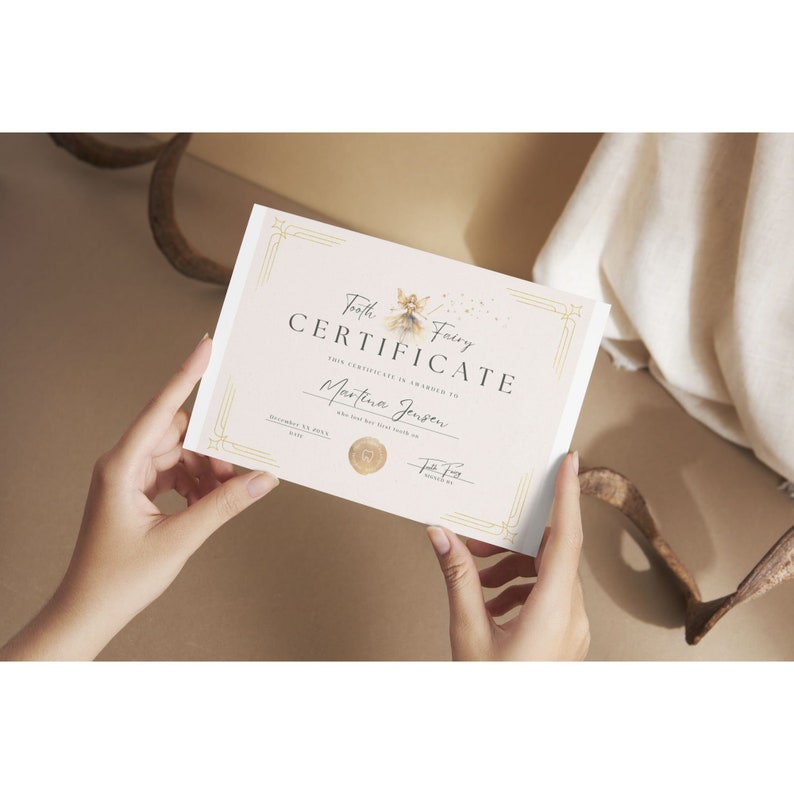 Editable Tooth Fairy Certificate for Losing First Tooth, Gold and Creme Color Receipt for Girls, Glimmer & Fairytale, Milestone Celebration