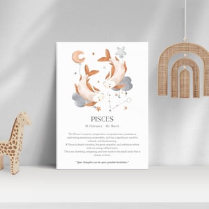 Plakat ze znakiem zodiaku Ryby dla dzieci, cytaty i opisy znaków zodiaku, sztuka ścienna boho do pokoju dziecięcego, wystrój pokoju dziecięcego, pomysł na prezent na baby shower
