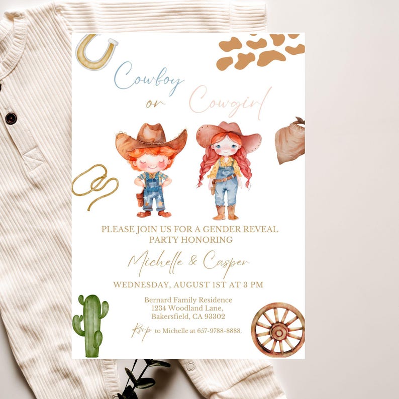 Western Gender Reveal Invitation: Cowboy or Cowgirl, Red Haired Kids ...