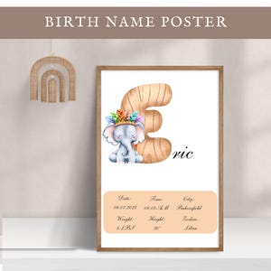 Póster con nombre personalizado editable, letra E, decoración de guardería, letrero, impresión de estadísticas de nacimiento de niña y niño, arte de pared para habitación de niños, idea de regalo para baby shower