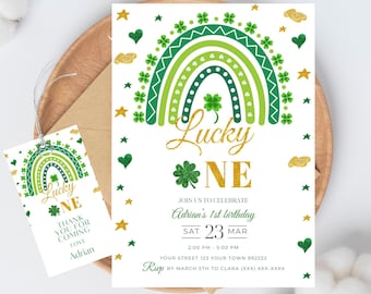 St. Patrick's Day 1st Birthday Invitation: Shamrock Rainbow (Editable Template Canva)