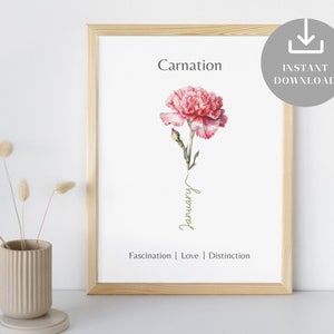 Enero mes de nacimiento flor imprimible arte de la pared, significado del clavel, decoración mínima de la guardería de la acuarela, idea del regalo de cumpleaños, regalo del baby shower