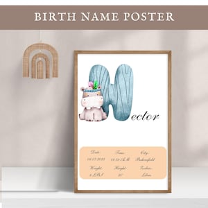 Póster de nombre personalizado editable, letra H, decoración de guardería, letrero, impresión de estadísticas de nacimiento de niña y niño, arte de pared para habitación de niños, idea de regalo para baby shower