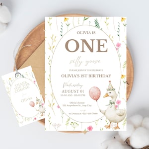 Plantilla de invitación de cumpleaños de One Silly Goose, editable para el primer cumpleaños de niña, invitación imprimible rosa, primavera floral rosa, primer cumpleaños de Pascua