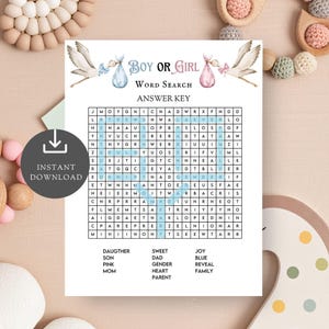 Rompecabezas de "Es un niño", actividad de búsqueda de palabras para revelar el género, juego para baby shower, crucigrama de niño o niña, celebración, imprimible, divertido y fácil de hacer.
