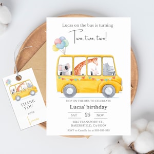 Invito di compleanno dello scuolabus, Ruote sulla festa dell'autobus, Il bambino sull'autobus compie due due due, MODIFICABILE, QUALSIASI ETÀ, Invito ragazza ragazzo
