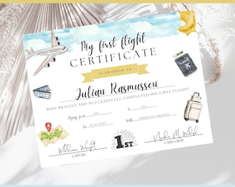 My First Flight Certificate for Kids, Toddler&#39;s Award, Vacation Gift, EDITABLE, Achievement, Keepsake, Milestone Printable, Girls Boys