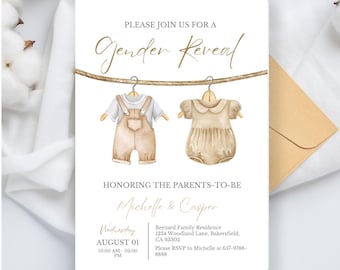 May include: A gender reveal party invitation with a watercolor illustration of two baby outfits hanging on a clothesline. The text reads "Please join us for a Gender Reveal" and "Honoring the parents-to-be Michelle & Casper". The invitation includes the date, time, and location of the event.