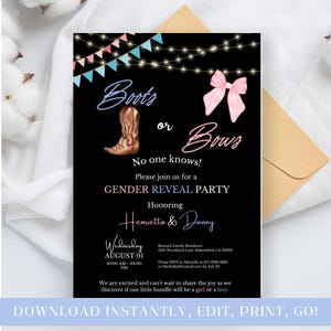 Invitación para revelar el género con botas o moños, invitación editable para niña o niño, baby shower para parejas mixtas, descarga digital, rosa o azul, vaquero