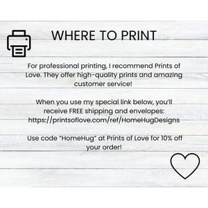 Puede incluir: Un gr&aacute;fico con un icono de impresora y texto que dice "WHERE TO PRINT". El texto a continuaci&oacute;n explica que Prints of Love ofrece impresiones de alta calidad y un servicio al cliente incre&iacute;ble. Tambi&eacute;n incluye un enlace para recibir env&iacute;o y sobres gratuitos y un c&oacute;digo de descuento del 10%.