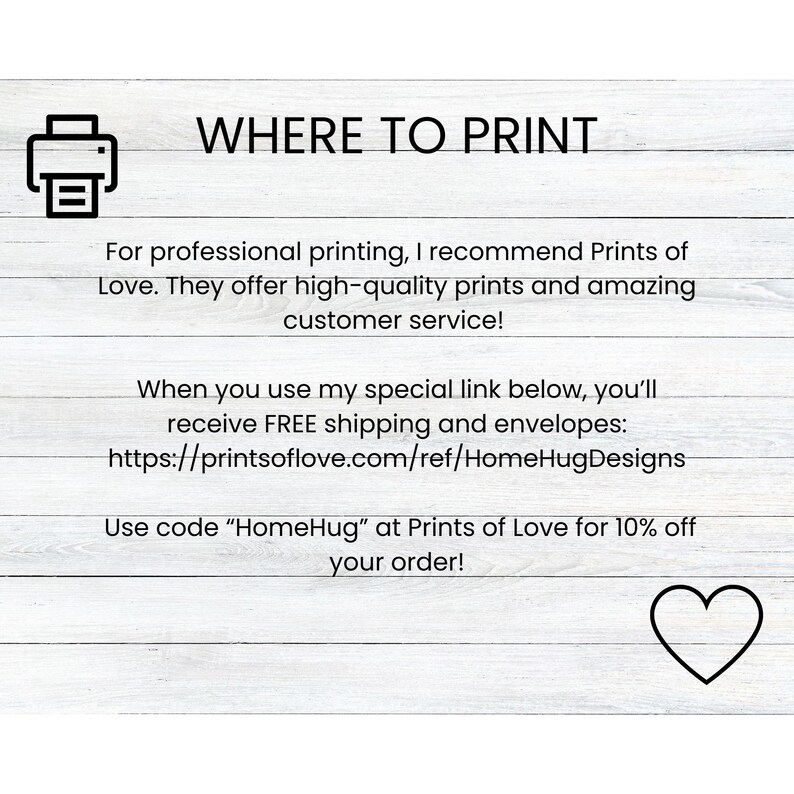 Puede incluir: Un gr&aacute;fico con un icono de impresora y texto que dice "WHERE TO PRINT". El texto a continuaci&oacute;n explica que Prints of Love ofrece impresiones de alta calidad y un servicio al cliente incre&iacute;ble. Tambi&eacute;n incluye un enlace para recibir env&iacute;o y sobres gratuitos y un c&oacute;digo de descuento del 10%.