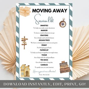 Afdrukbaar overlevingspakket voor verhuizing, tot ziens en veel geluk, verlaten van huis, beterschap, bedankje cadeau-idee, bewerkbaar canvas, goodiebagtag