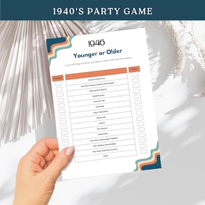 May include: A printed party game sheet titled 1946 Younger or Older with a list of items including Mount Rushmore, Scrabble, and LEGO. The design features retro-style wavy lines in blue, orange, and green, with checkboxes for Younger or Older.