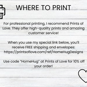 May include: A graphic with a printer icon and text that reads "WHERE TO PRINT". The text below the icon explains that Prints of Love offers high-quality prints and amazing customer service. It also includes a link to Prints of Love and a discount code for 10% off your order.