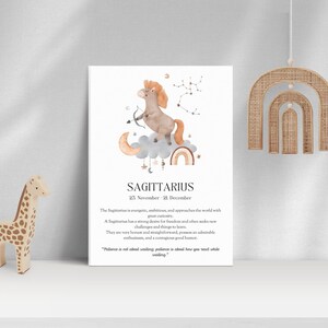 Plakat ze znakiem zodiaku Strzelca dla dzieci, cytat i opis znaku zodiaku, sztuka ścienna boho do pokoju dziecięcego, wystrój pokoju dziecięcego, pomysł na prezent na baby shower