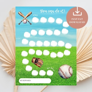 May include: A printable baseball-themed chart with a baseball, bat, glove, and 20 circles to color in. The chart says "You can do it!" and "My Reward:" at the bottom.  It also says "Start" and "You did it!" near the circles.