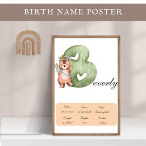 Póster con nombre personalizado editable, letra B, decoración de guardería, letrero, impresión de estadísticas de nacimiento de niña y niño, arte de pared para habitación de niños, idea de regalo para baby shower