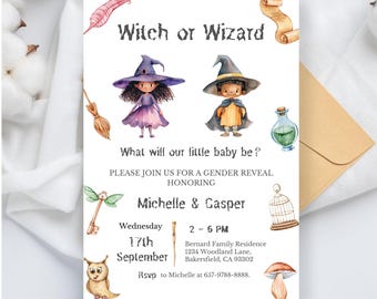 Witch or Wizard Gender Reveal Invitation: Magic Theme (Editable Template)