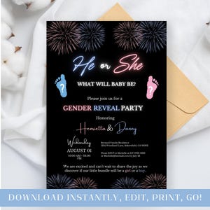 Zaproszenie na ujawnienie płci dziecka z fajerwerkami, edytowalna karta, Nowy Rok, zaproszenie dla dziewczynki lub chłopca na 4 lipca, baby shower, impreza ciążowa, wydruk cyfrowy